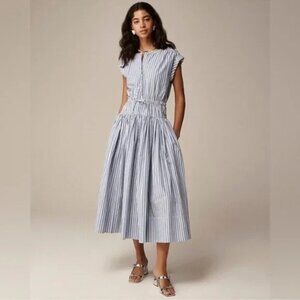 J Crew poplin stripe midi dress with cinched waist and zip front NWT